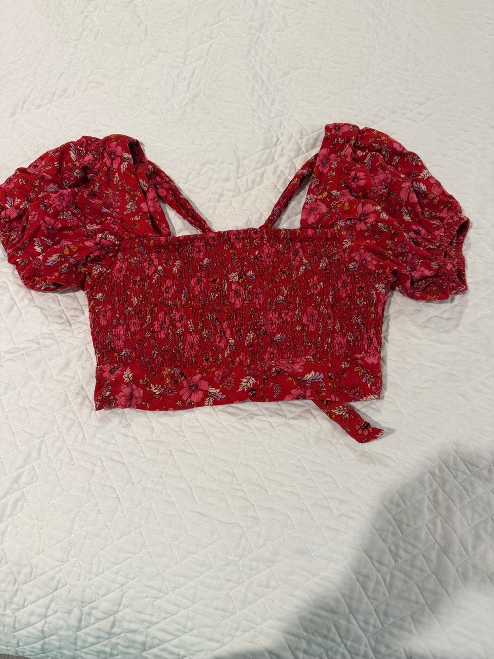 Red Floral Smocked Puff-Sleeve Crop Top with Tie Straps